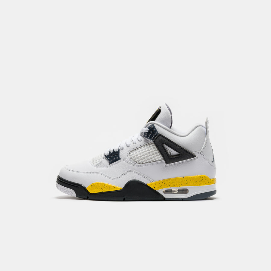 Air Jordan 4 Retro Sneaker in White/Tour Yellow/Dark Blue Grey/Black